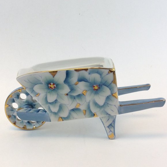 Vintage Shofu China Wheelbarrow Planter Blue/White Flowers w/Gold Made in Japan - Picture 1 of 15